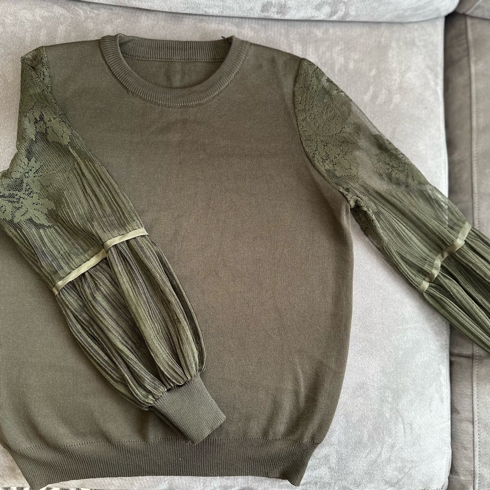 Olive Green Sweater with Sheer Sleeves